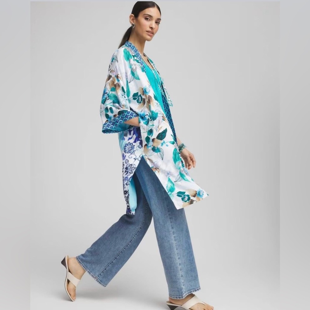 CHICOS ISLAND MOTIF LONG KIMONO SIZE SMALL/MEDIUM NWT! - Picture 3 of 6